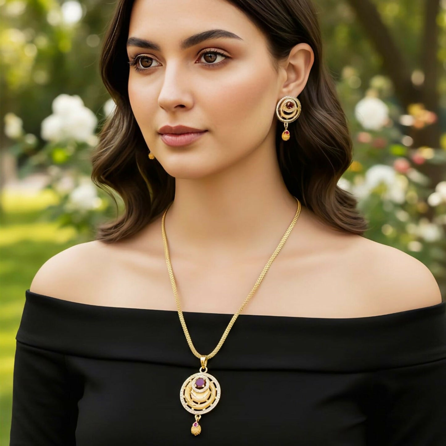 Gold-Tone Fashion Pendant Necklace Set with Ruby Accents and Matching Stud Earrings