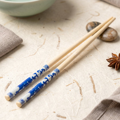 Reusable Bamboo Chopsticks with Blue Chinese Print Design (2 Pc)