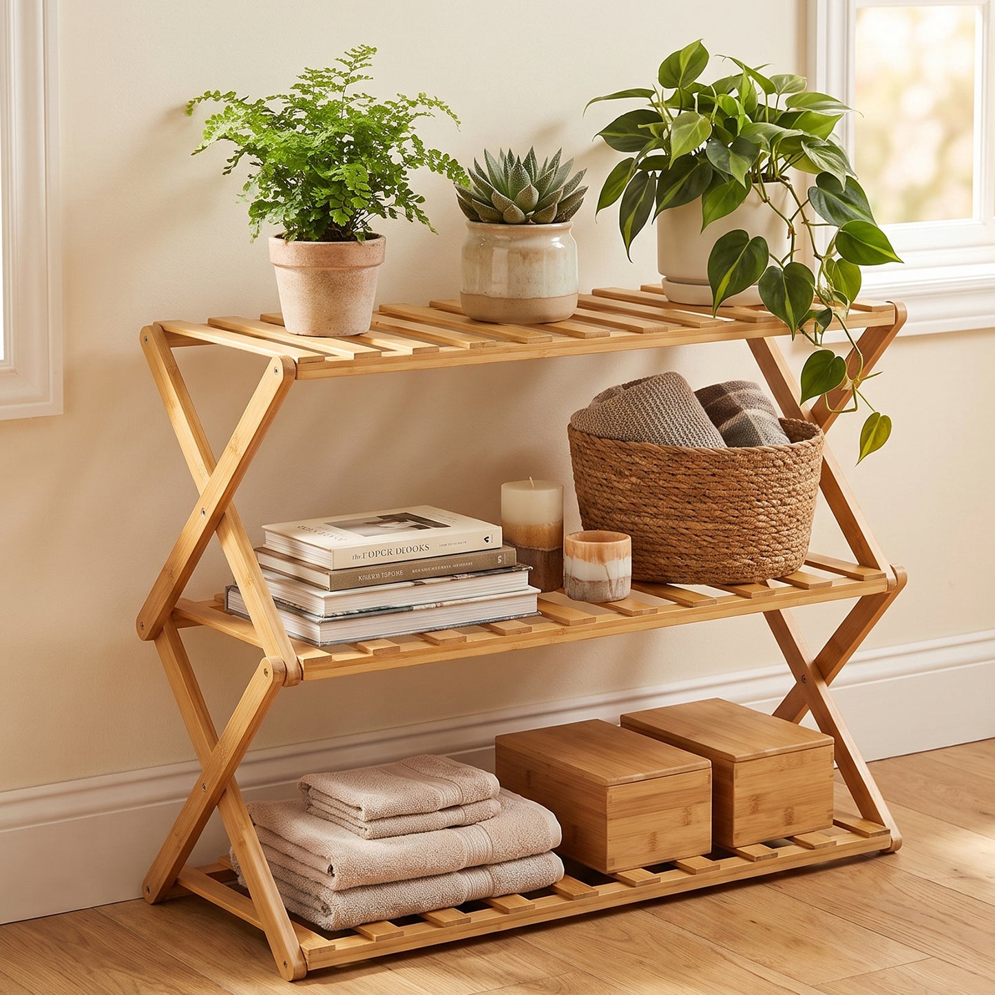 3 Layer Foldable Bamboo Shoe Rack Multi-Purpose Storage Shelf (1 Set)