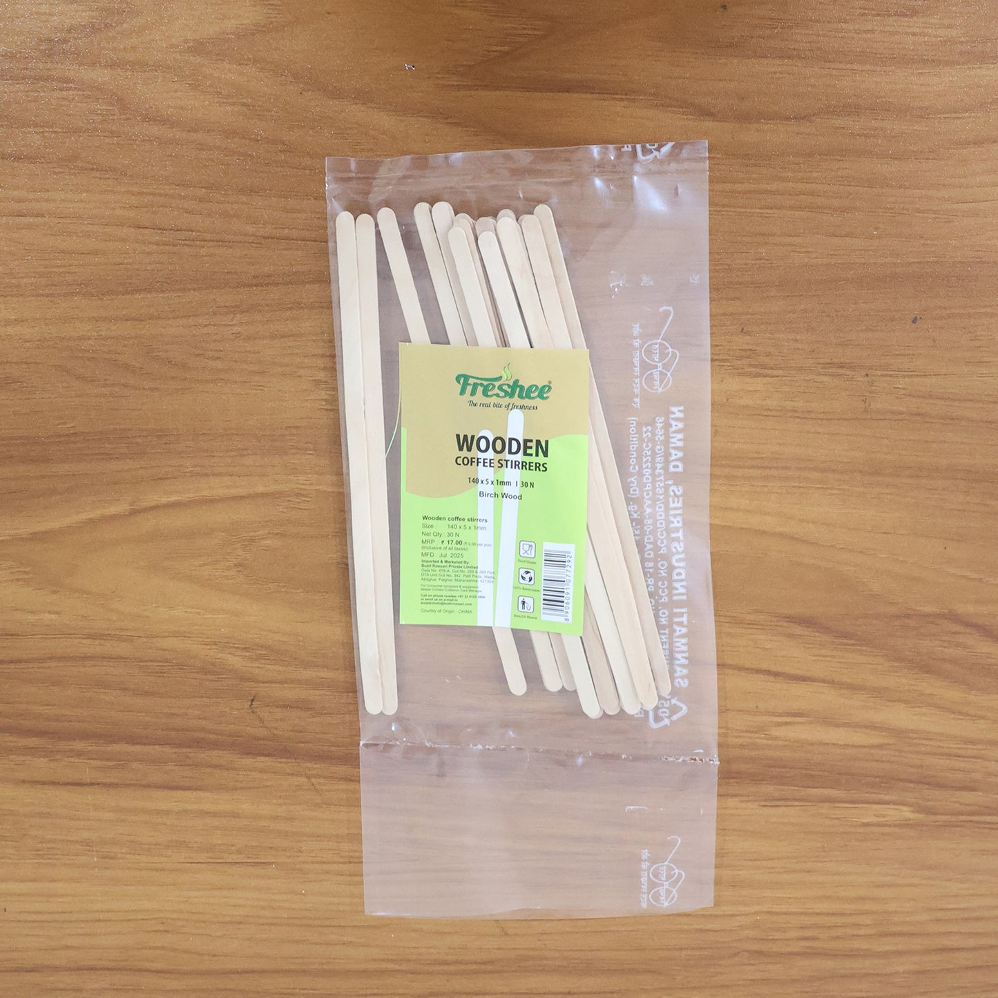 Freshee Wooden Coffee Stirrers 140×5×1 mm – 30 Pcs Pack