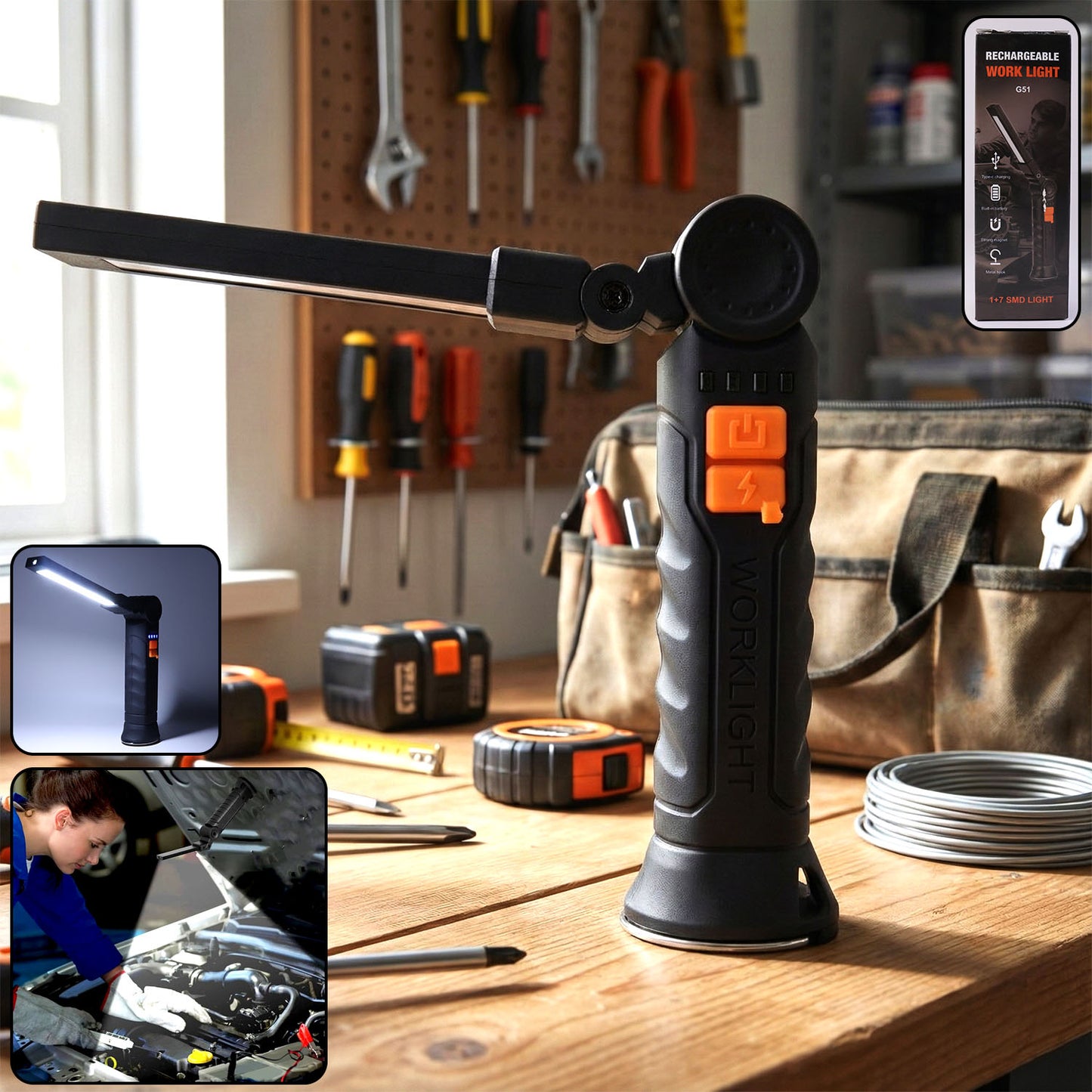 Compact Rechargeable Small LED Work Light with Adjustable Arm and Magnetic Base
