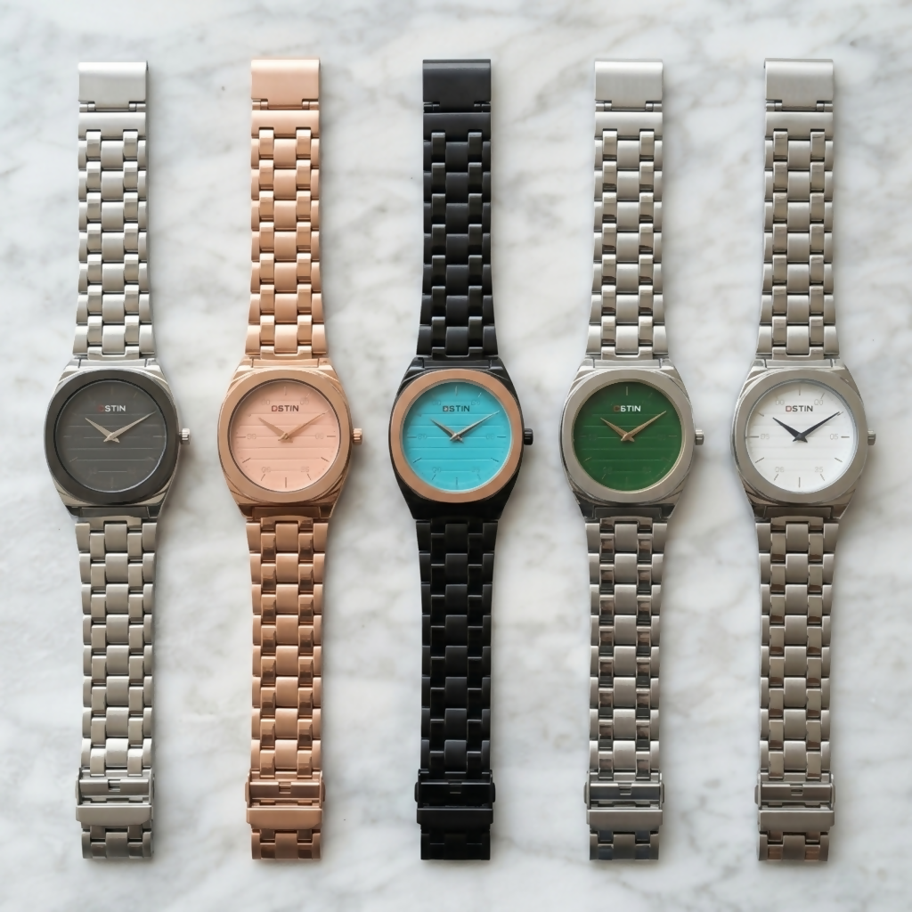 Men’s rose gold chain watch with sleek metal strap and modern dial design