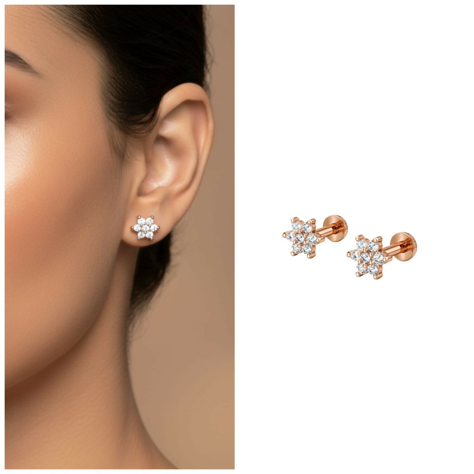 Close-up view of rose gold plated flower stud earrings with sparkling cubic zirconia stones