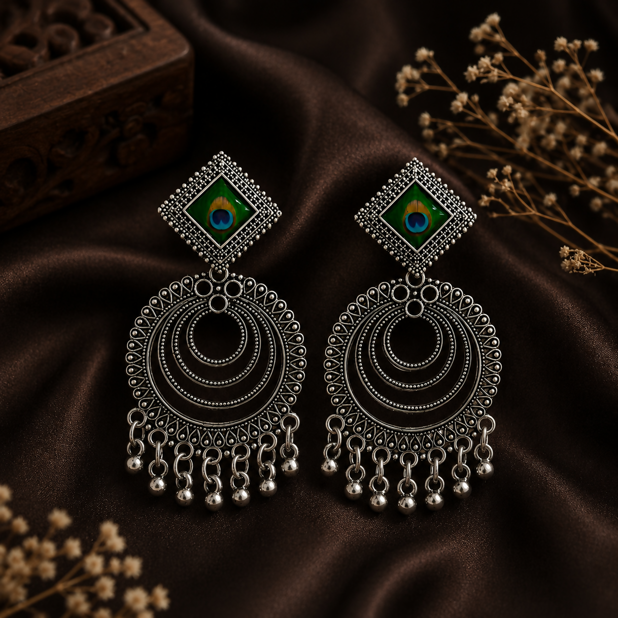 Close-up of oxidised chandbali earrings showing intricate peacock feather detailing.