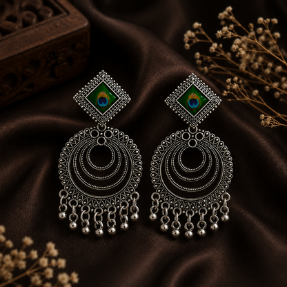 Close-up of oxidised chandbali earrings showing intricate peacock feather detailing.
