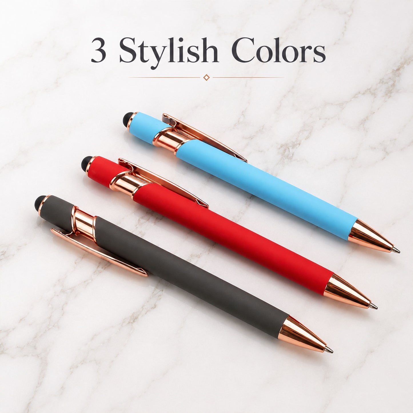 Assorted color ballpoint pens arranged
