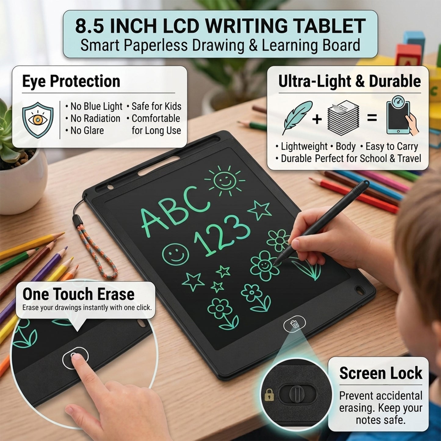LCD Writing Tablet with Stylus Pen for Kids Drawing and Learning (1 Pc)