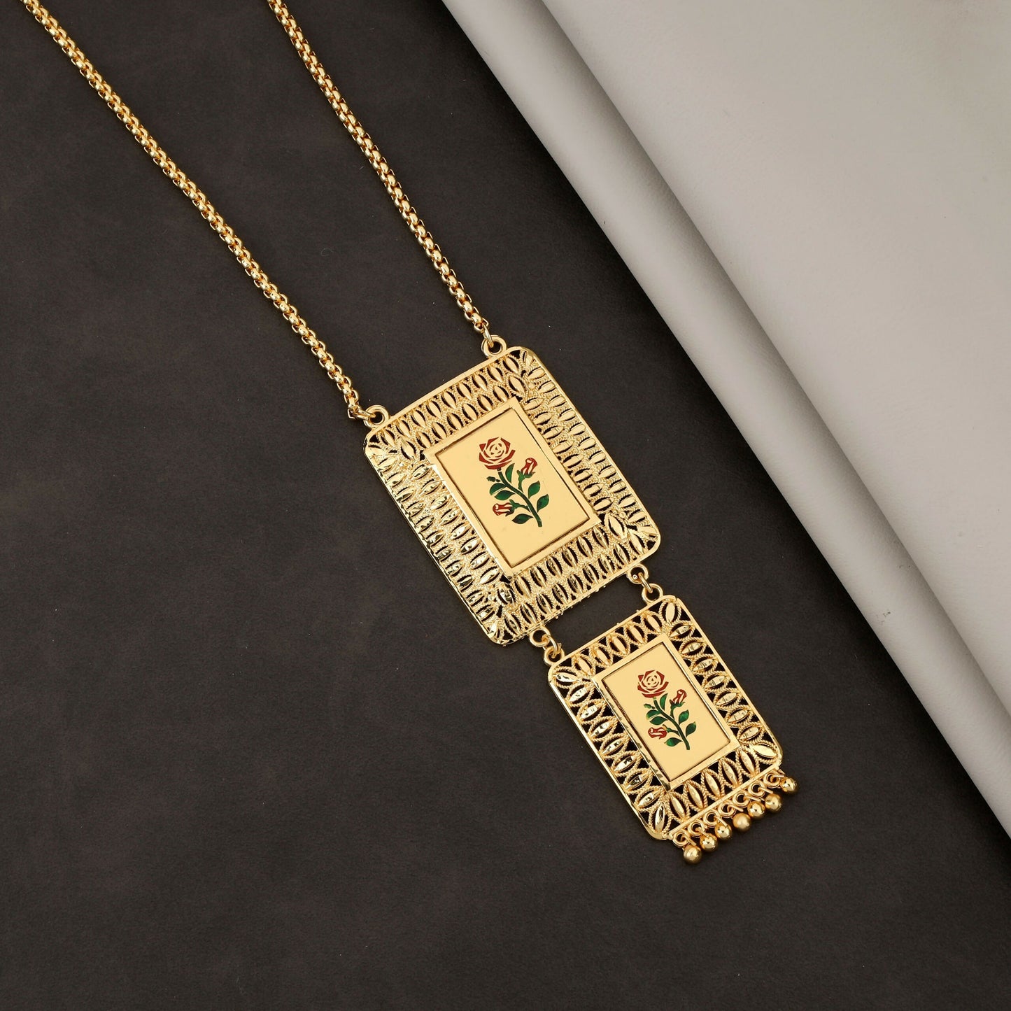 Traditional Gold-Plated Meenakari Rose Pendant Necklace