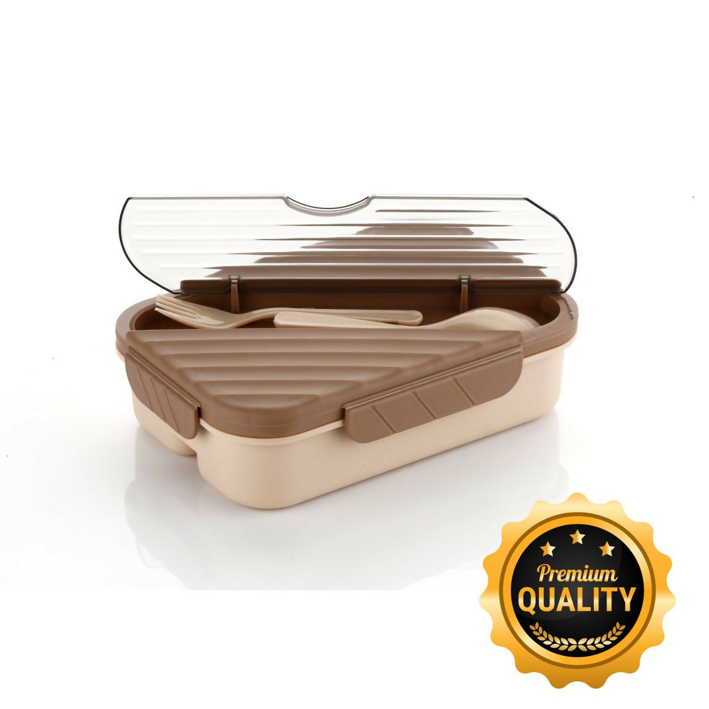 A closed brown and beige bento lunch box with a clear lid showing cutlery inside, with a gold "Premium Quality" seal.