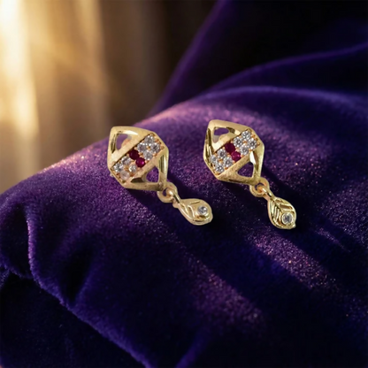 Trendy Geometric Gold Earrings with Sparkling Stones & Drop Charm