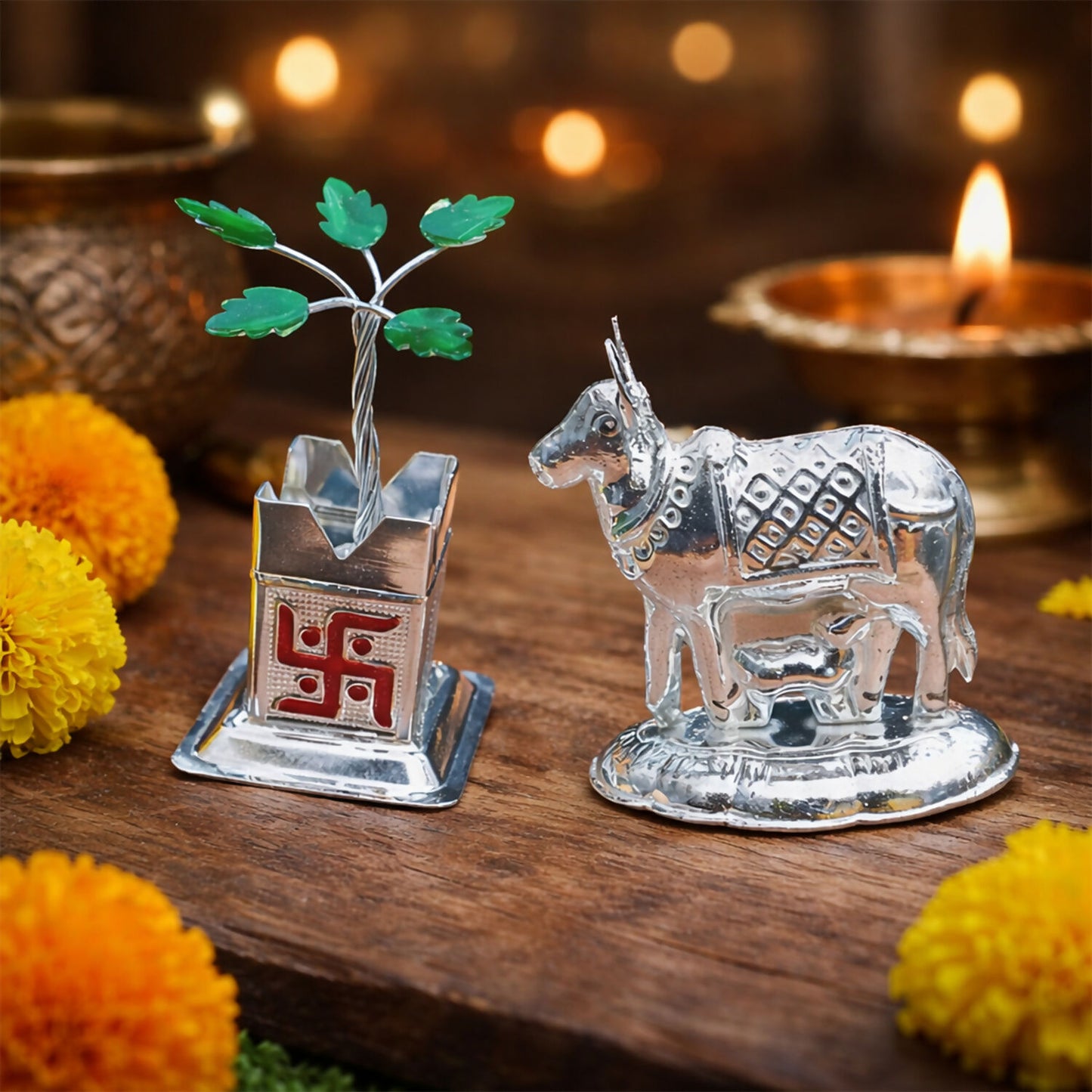 Silver Decorative Cow and Kalash Set in Premium Glass Dome for Pooja and Home DÃ©cor