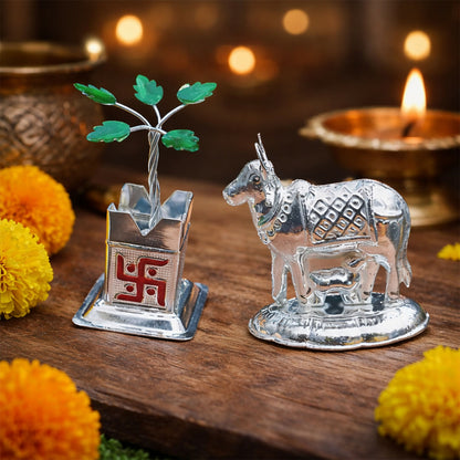 Silver Decorative Cow and Kalash Set in Premium Glass Dome for Pooja and Home DÃ©cor