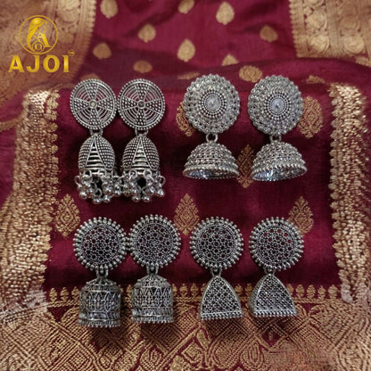 Traditional Oxidized Silver Jhumka Earrings Set of 4