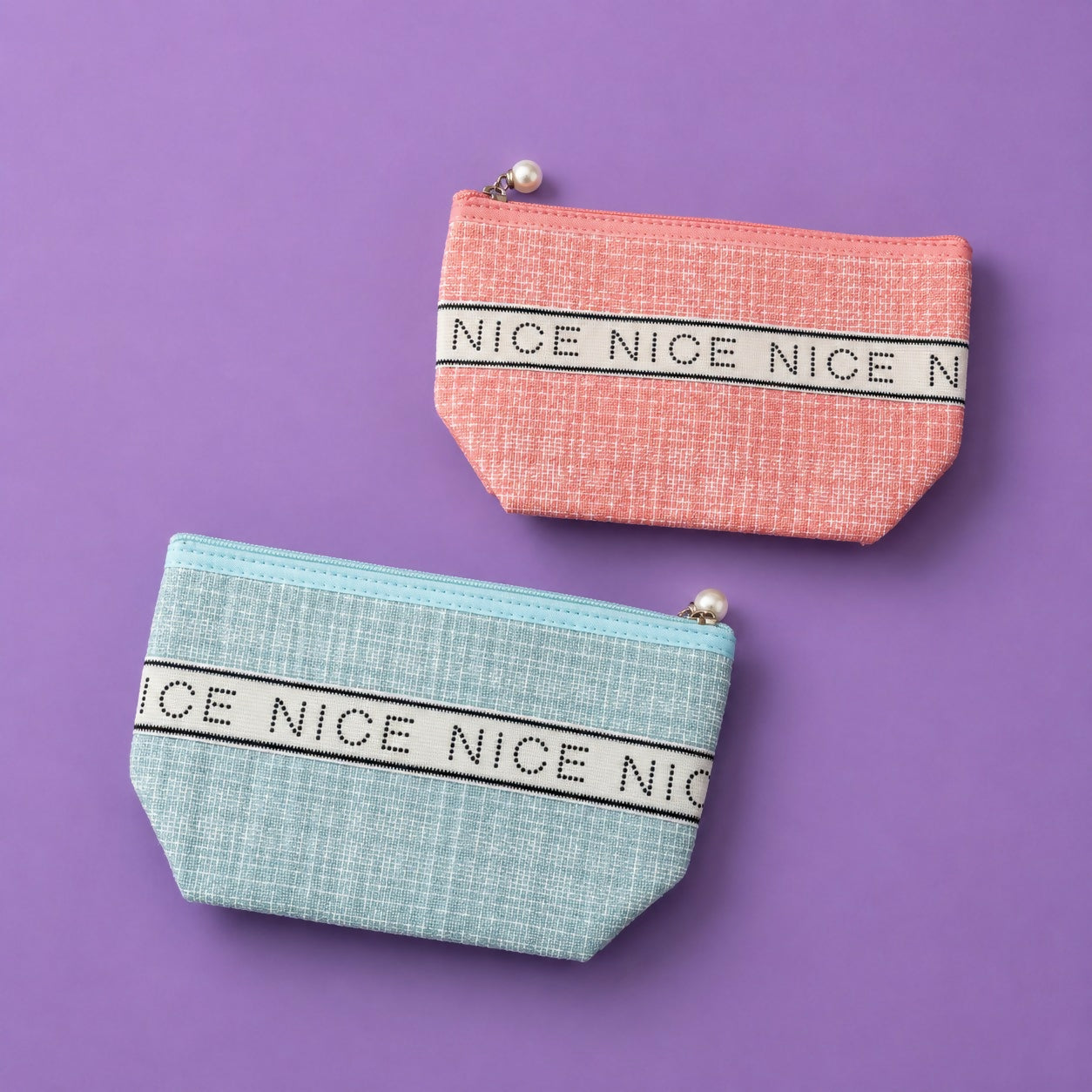 Zippered cosmetic pouch shown on white background