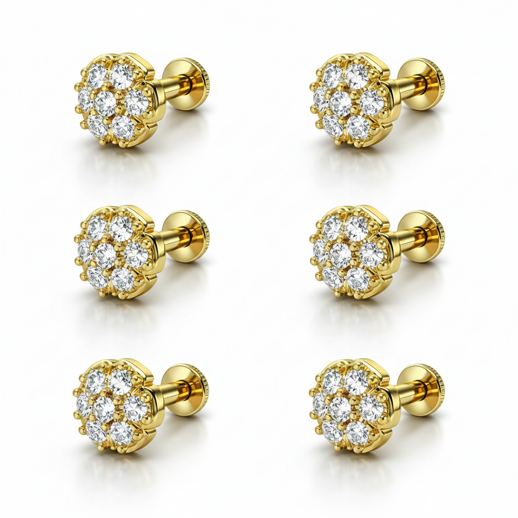 Side view of gold plated floral nosepin stud highlighting secure flat-back screw closure