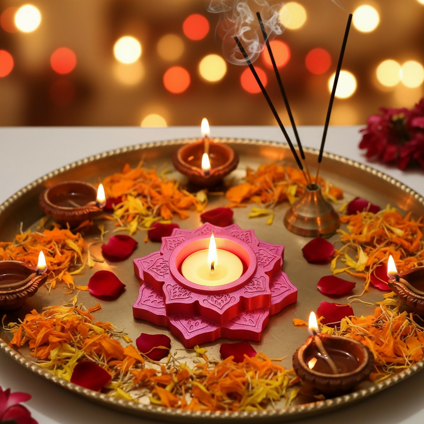 Lotus Shape Decorative Diya Multi-Purpose Candle Holder, Dhoop Cone Stand, Pooja Diya & Mini Planter (Red, Rose Gold, Metallic Pink)