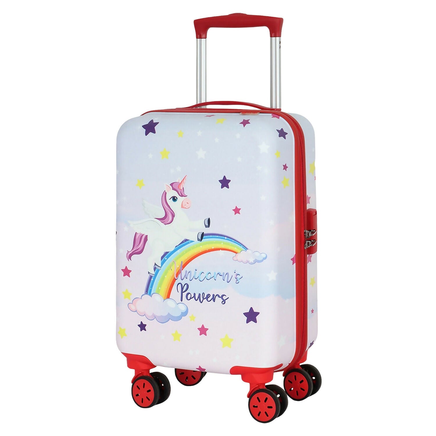 Child rolling Novex unicorn rainbow kids trolley bag at airport