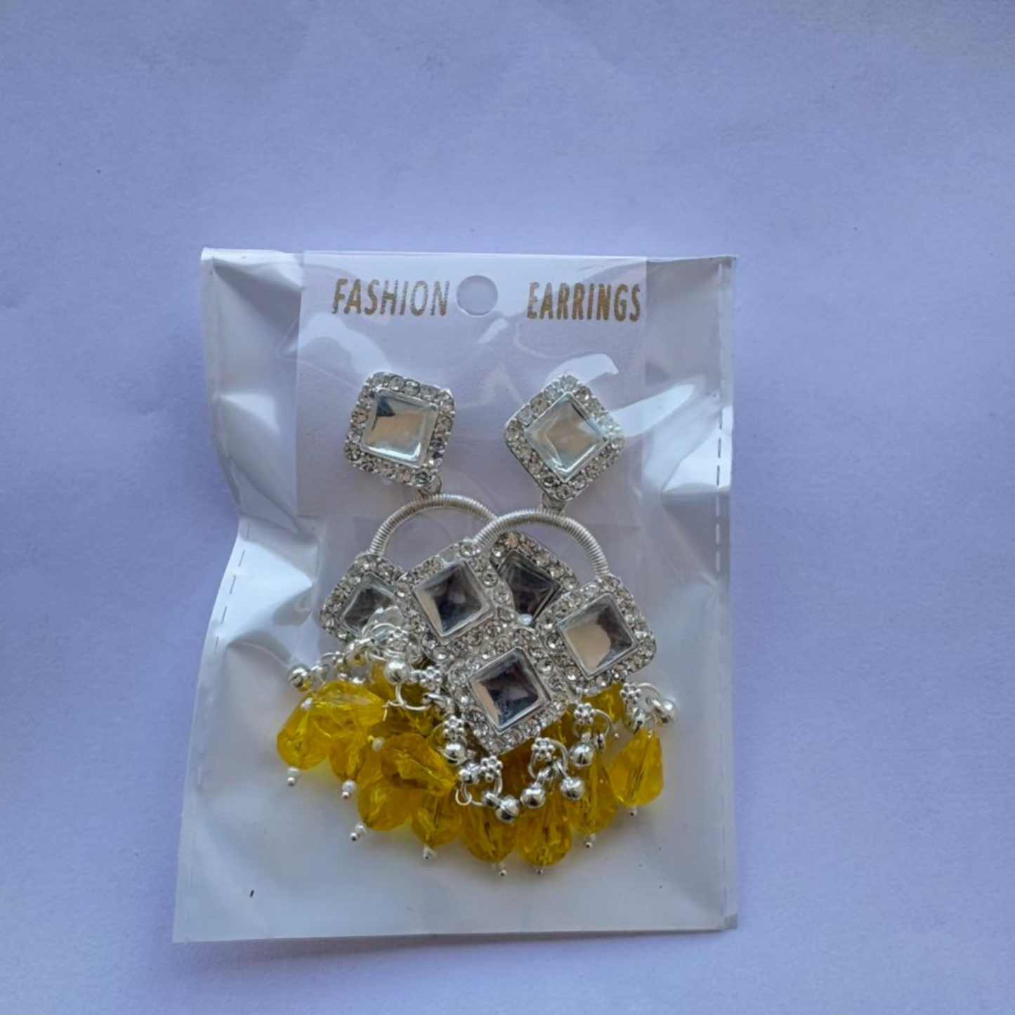 Elegant Silver Plated Chandelier Earrings Featuring Square Crystals and Yellow Teardrop Beads