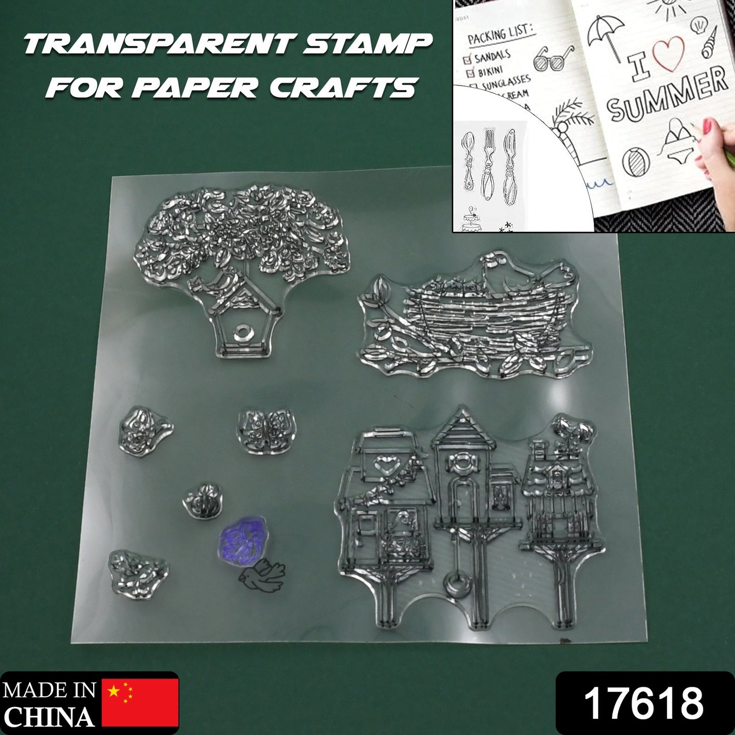A clear rubber stamp sheet with designs of a tree, bird's nest, and birdhouses is displayed on a green background.
