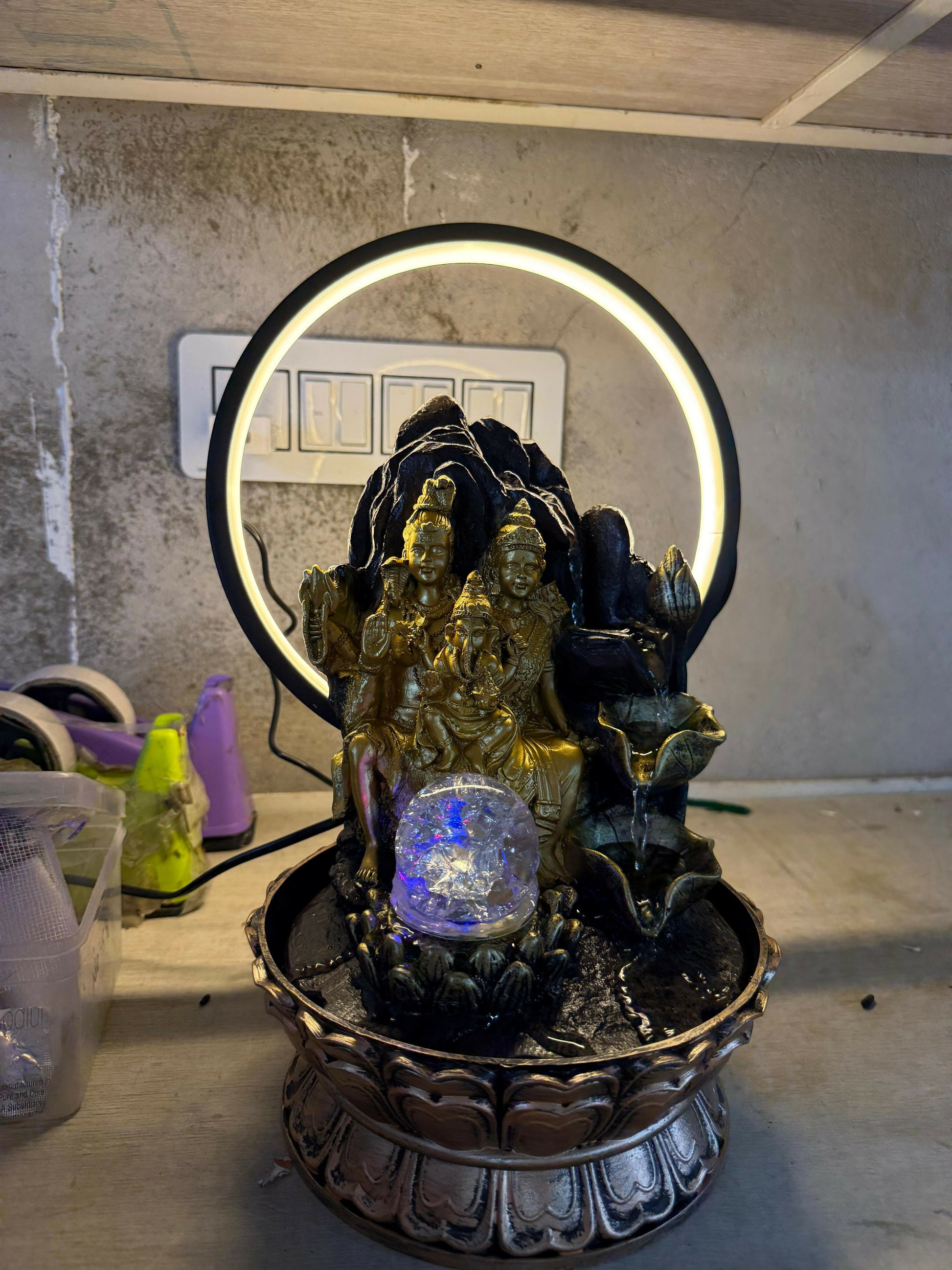 Shiv Parivar LED Water Fountain with Halo Ring Light