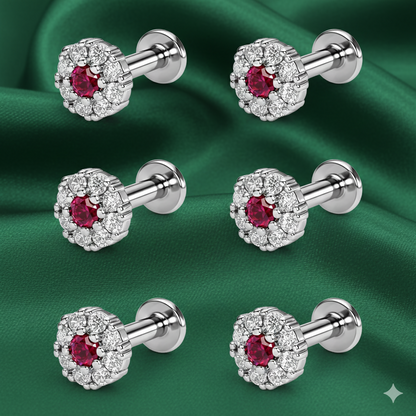 Silver-plated ruby nose pin flat back floral stud combo pack display