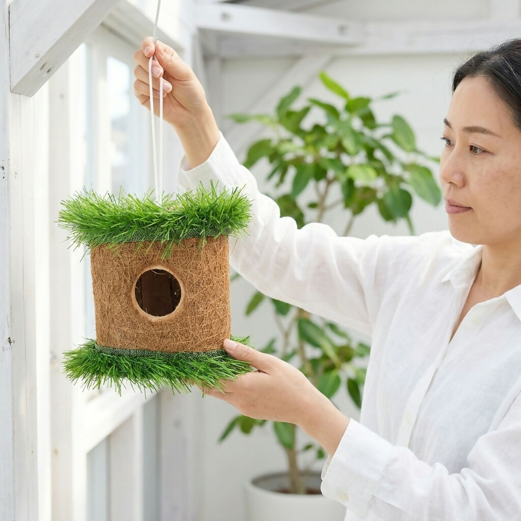 Close-up of coir bird house showing artificial grass trim and entry hole