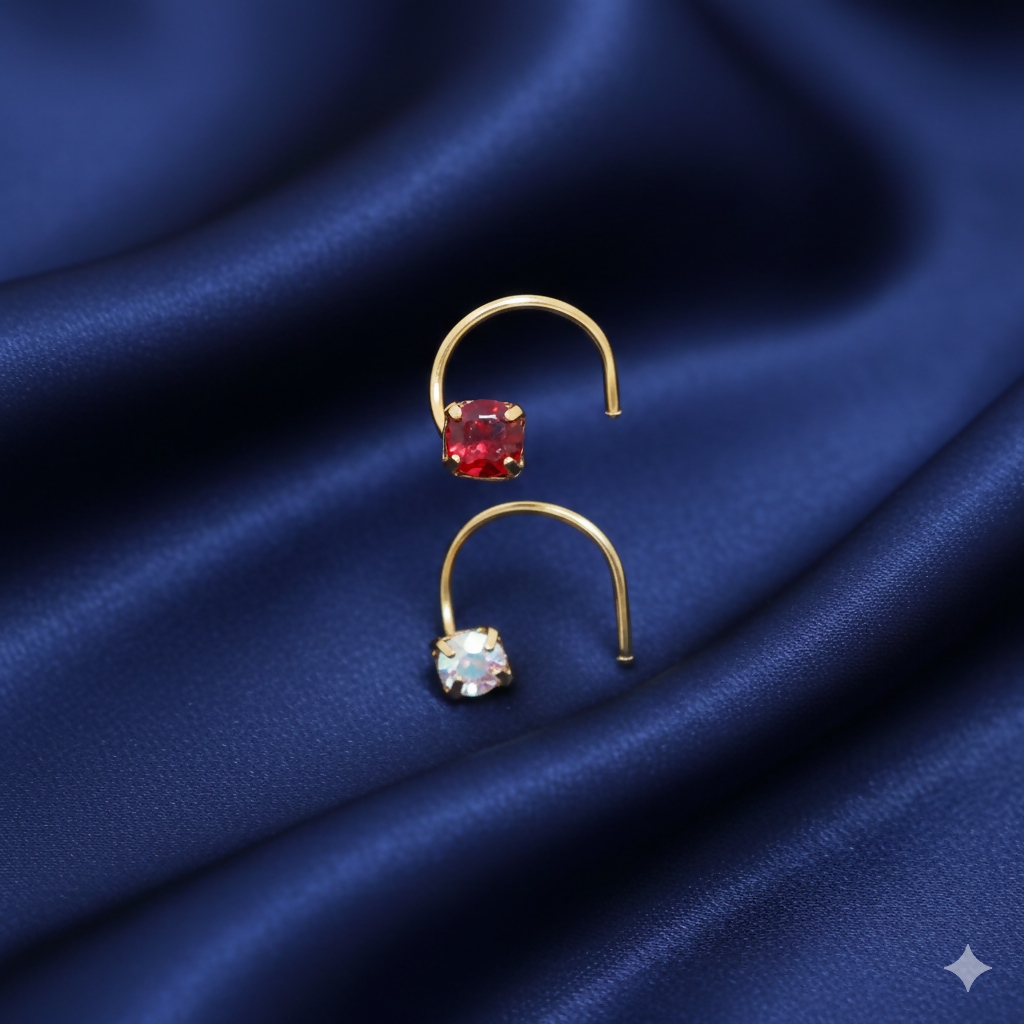 Gold Plated AD Lavender & Clear Crystal Nose Pin Set Kati Combo Pack of 2