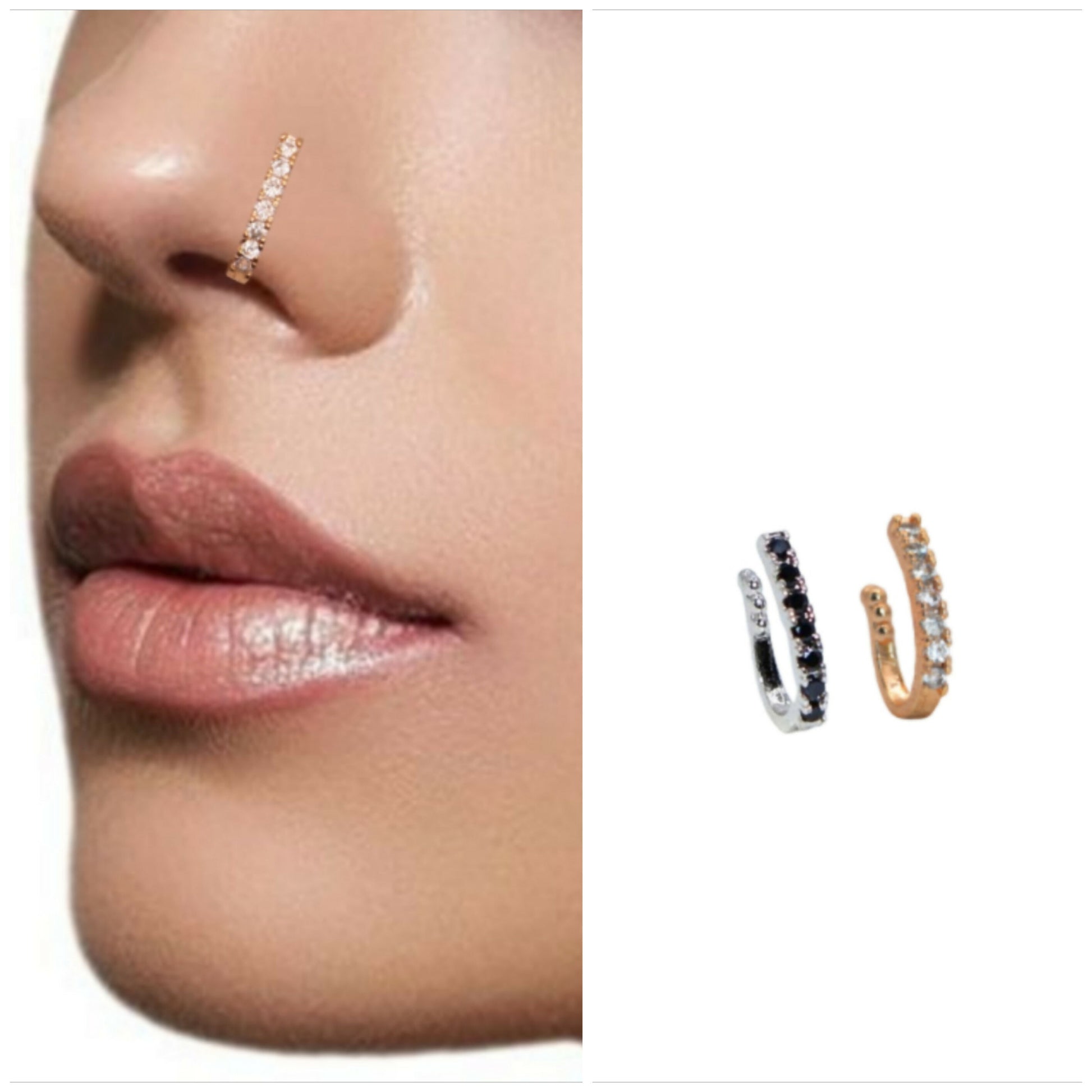 Rose gold tone fake nose ring with black cubic zirconia stones in double-row design