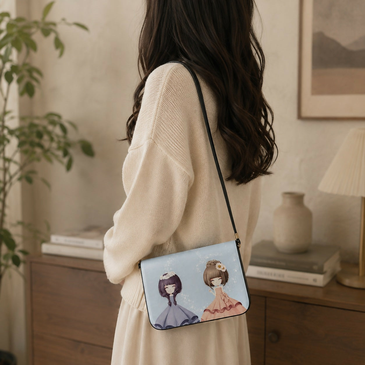 Blue crossbody sling bag with princess design side view