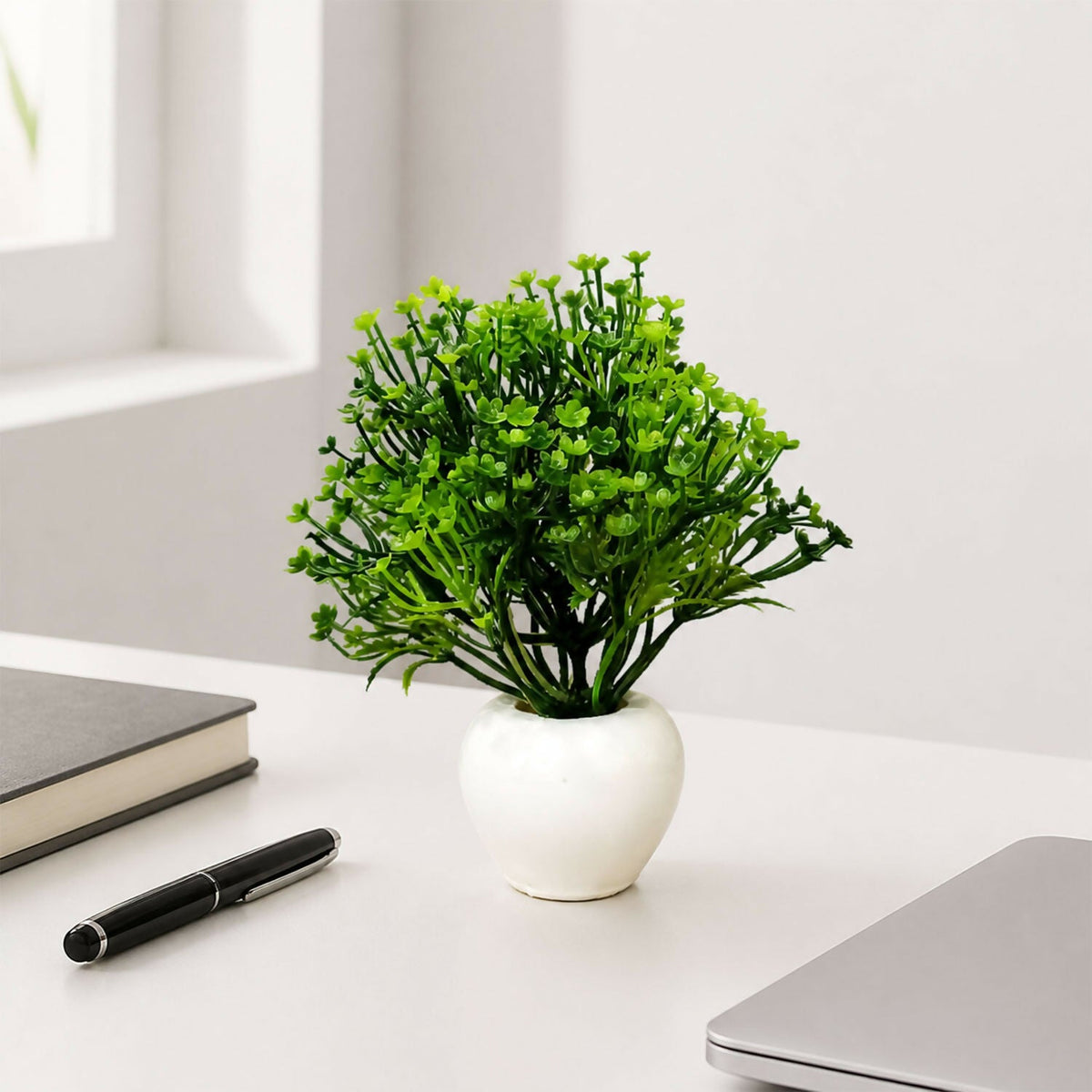 Artificial Green Baby Flower Plant with White Round Pot for Home Office Table Decor