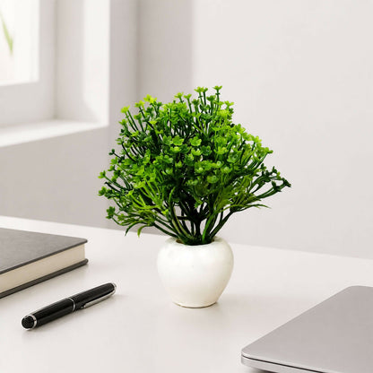 Artificial Green Baby Flower Plant with White Round Pot for Home Office Table Decor