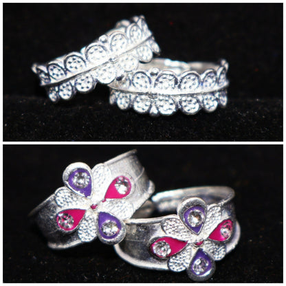 Silver Plated Traditional Floral & Scalloped Toe Rings Bichiya combo pack of 2