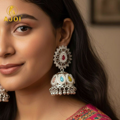 Royal Silver-Tone Kundan Jhumka Earrings with Multicolor Stone Inlay & Pearl Drop Detailing