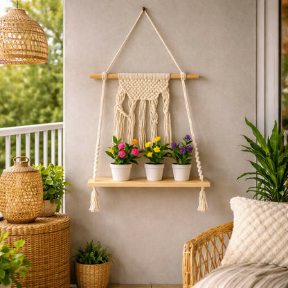 Macrame Hanging Wooden Shelf Wall Decor Display Rack with Rope