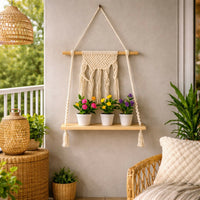 Macrame Hanging Wooden Shelf Wall Decor Display Rack with Rope