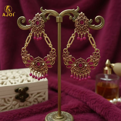 Antique Gold-Plated Pink Stone Floral Chandbali Earrings for Women