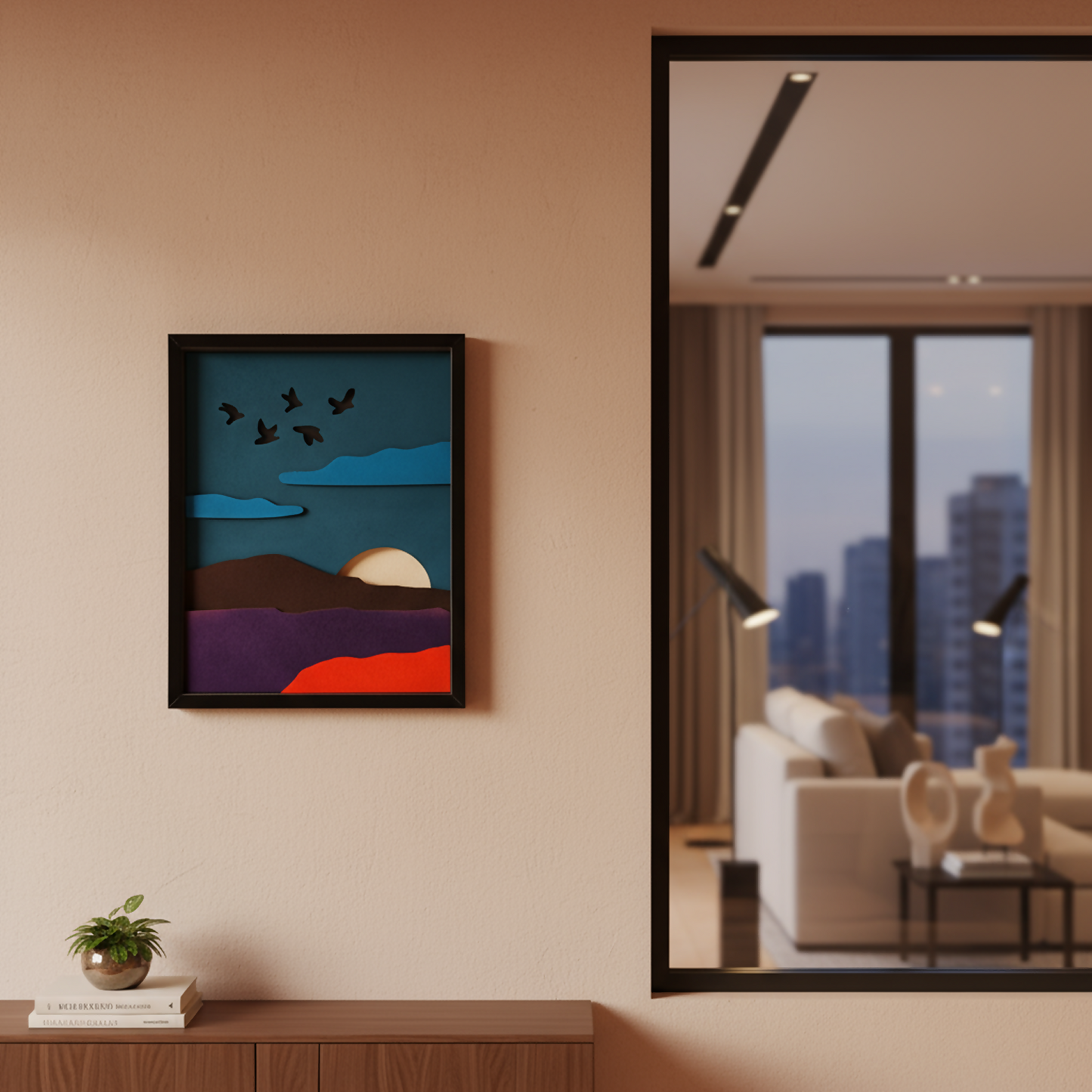 Handcrafted Wooden Mountain Wall Art – Nature Scene with Sun, Clouds & Birds | Minimal Landscape Wooden Frame | Eco-Friendly Wall Decor for Home & Office