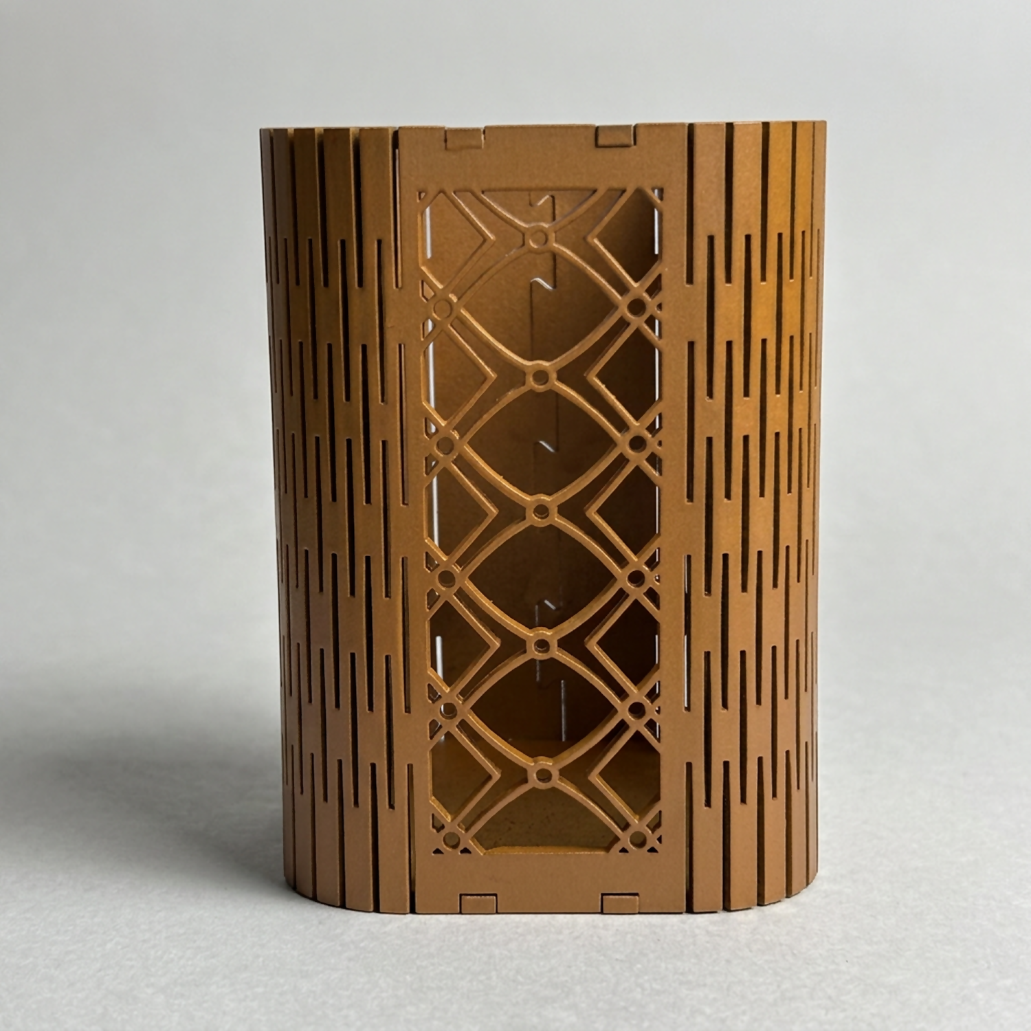Side view of the geometric wooden pen holder, highlighting its premium MDF craftsmanship