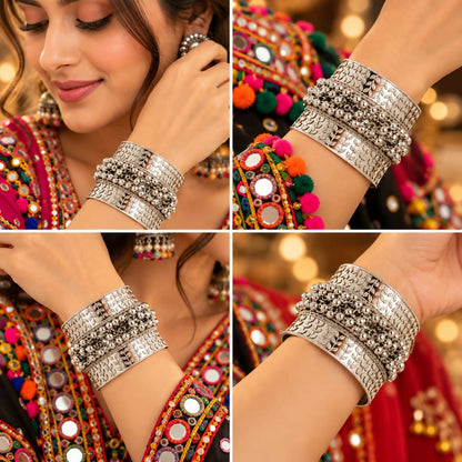 A collage of four different angles showing a woman wearing a silver-tone ghungroo kada bangle with traditional attire.