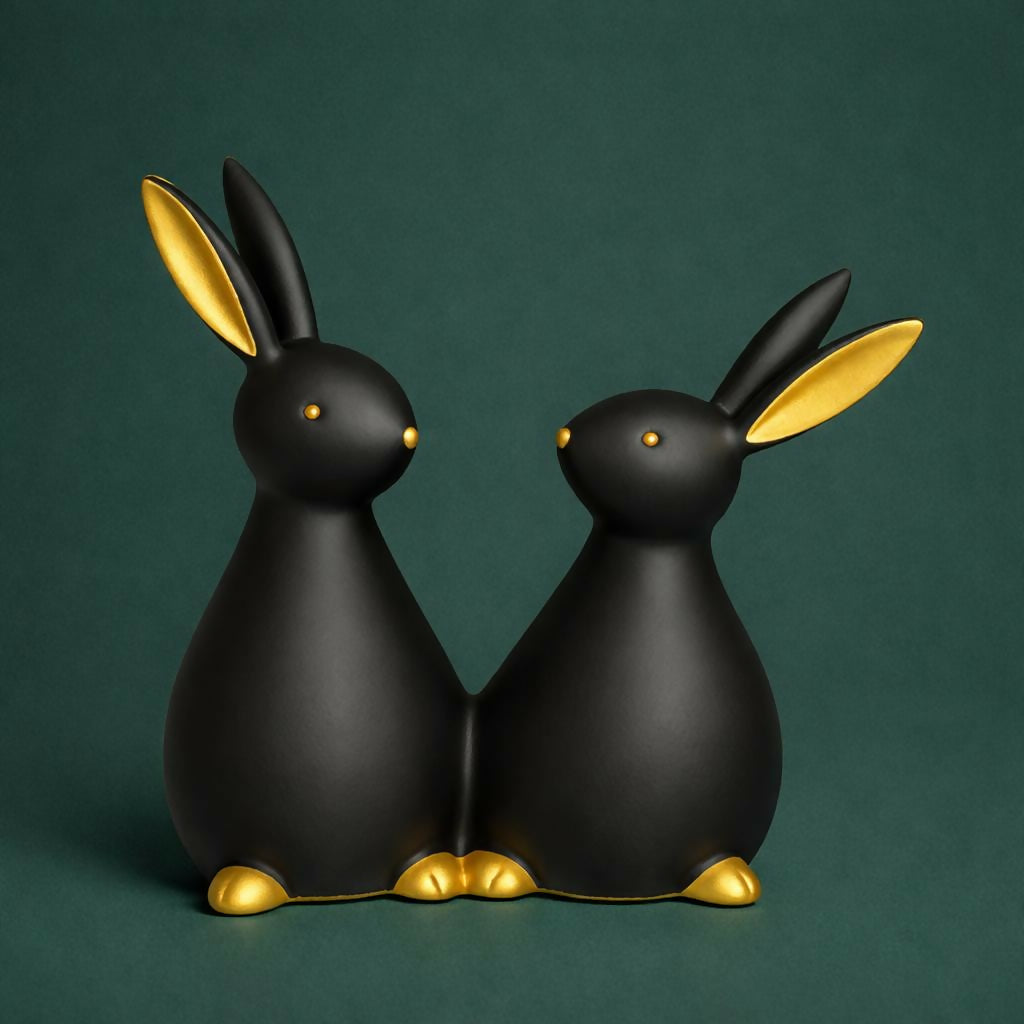 Rabbit couple decorative statue placed on table indoors