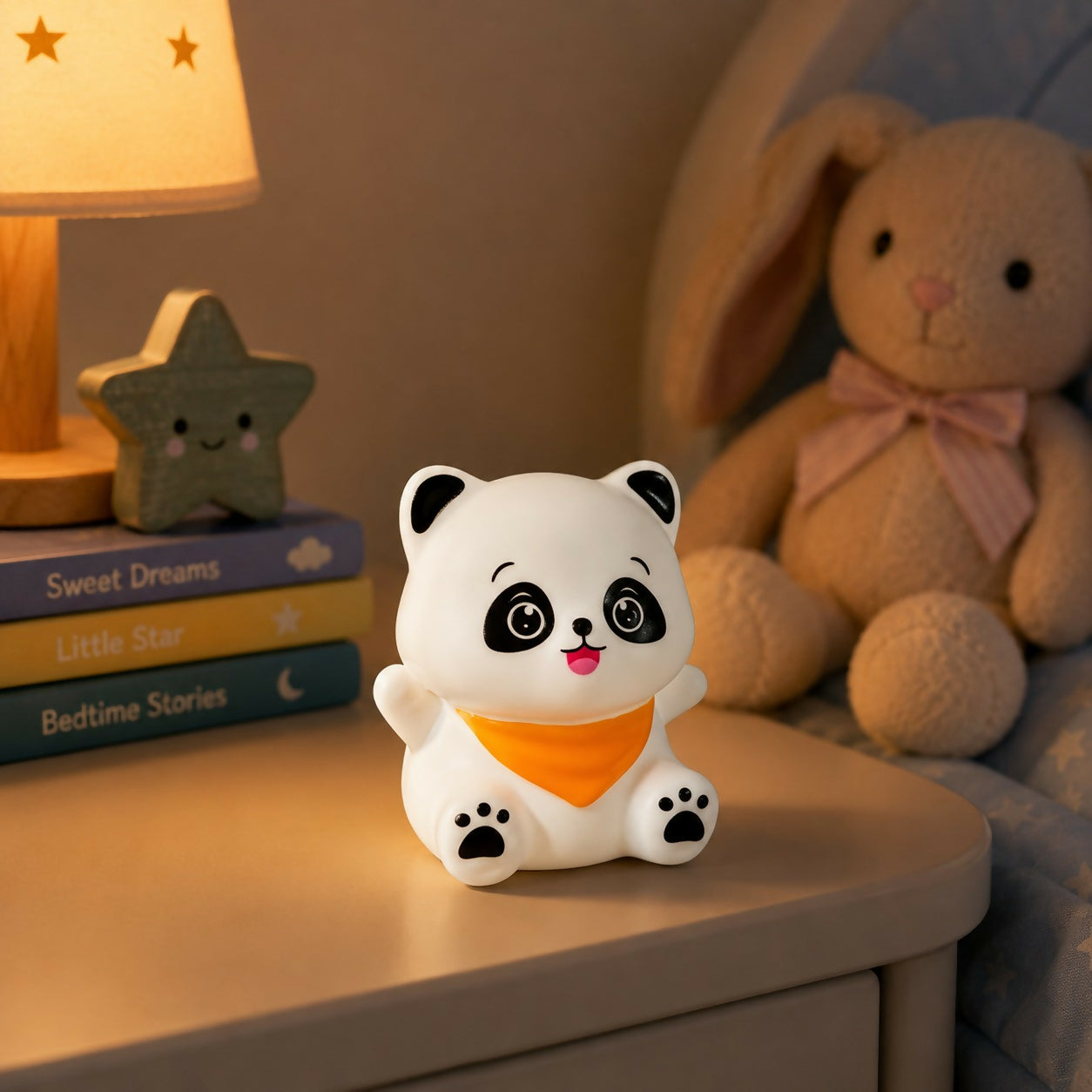 Panda night lamp showing bright scarf detail