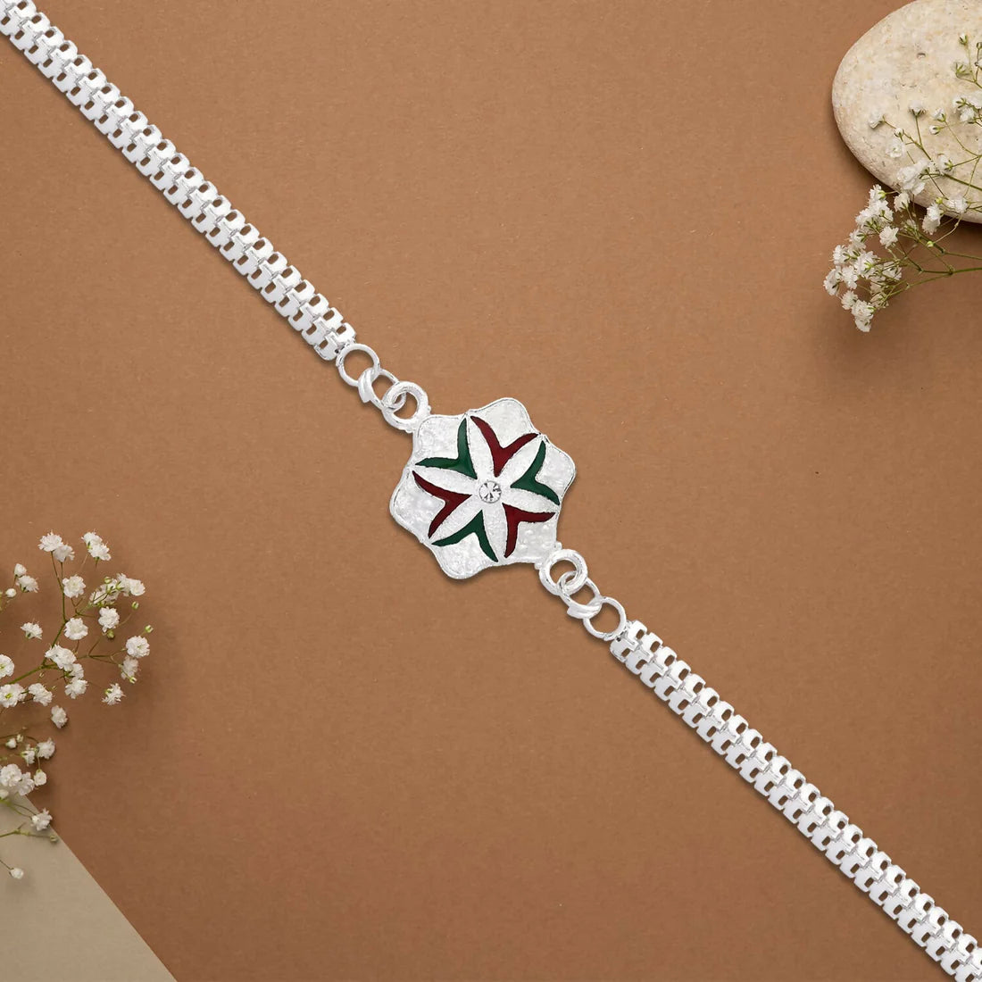 Flower Rakhi with Silver Chain, Elegant Raksha Bandhan Gift
