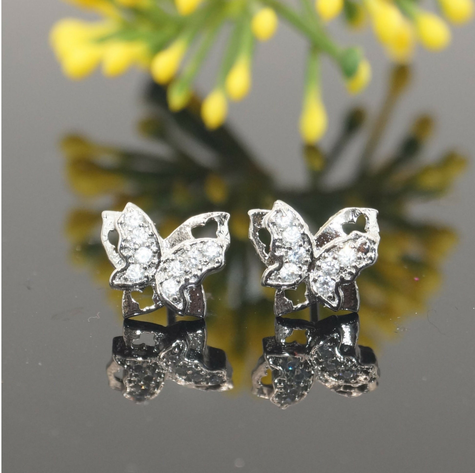 Sterling Silver Butterfly Stud Earrings with AD