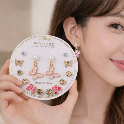 7 Pair Korean Butterfly & Pearl Stud Earrings Set for Women | Trendy Gold Plated Cute Designer Earrings Combo