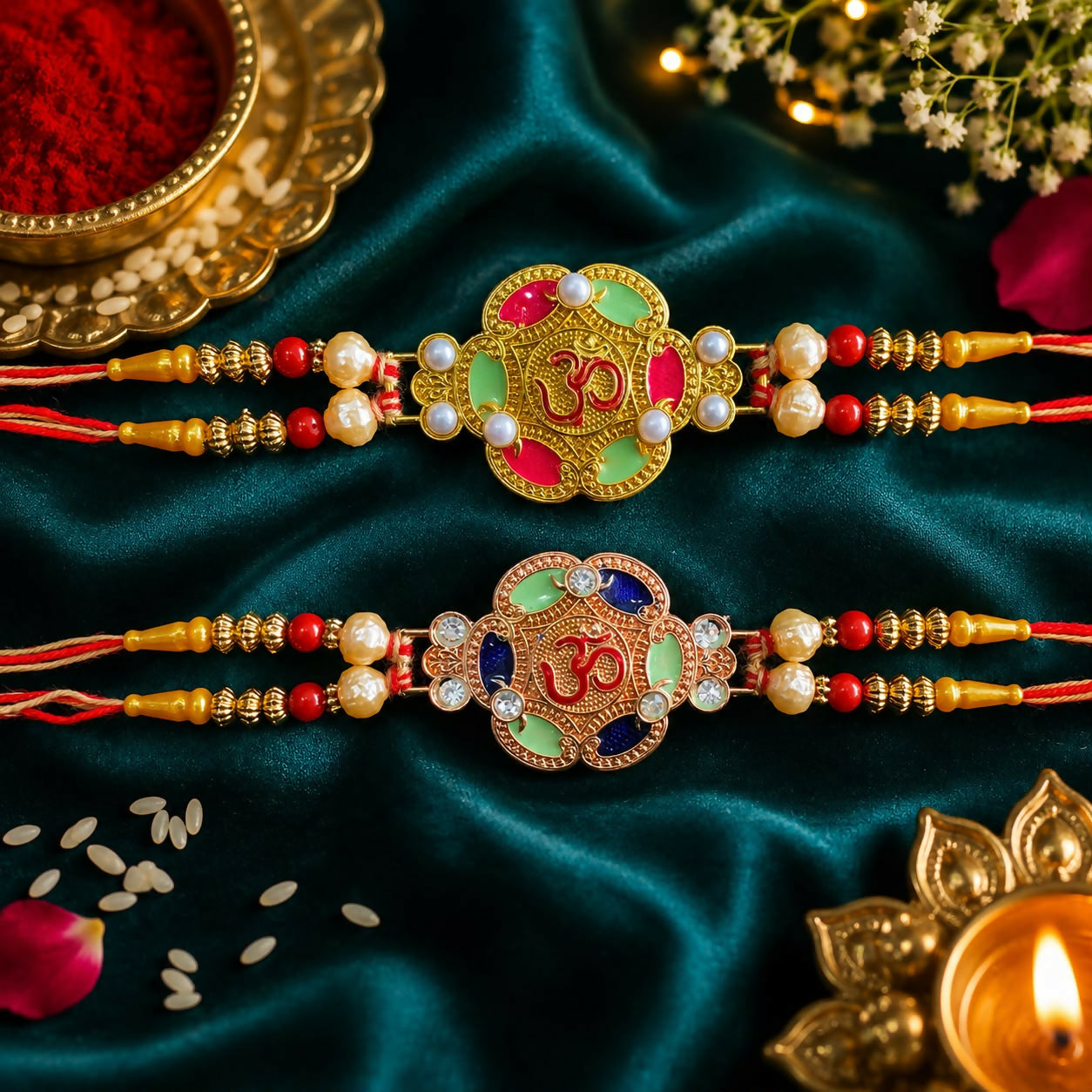 Two gold and rose gold Om bracelets with colorful enamel and pearls, accented with red beads, on a dark green velvet surface.