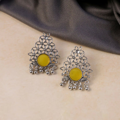 Back detail of oxidized silver earrings with ghungroo dangles