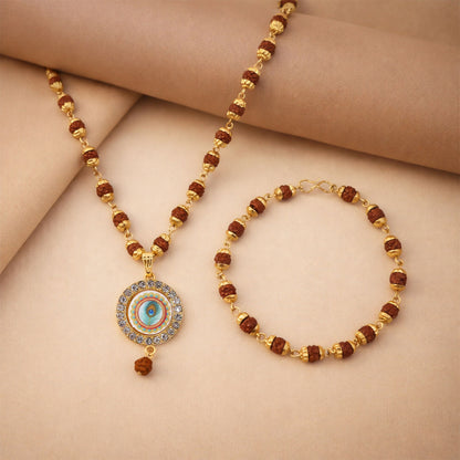 Rudraksha necklace and bracelet set with gold accents and evil eye pendant for protection