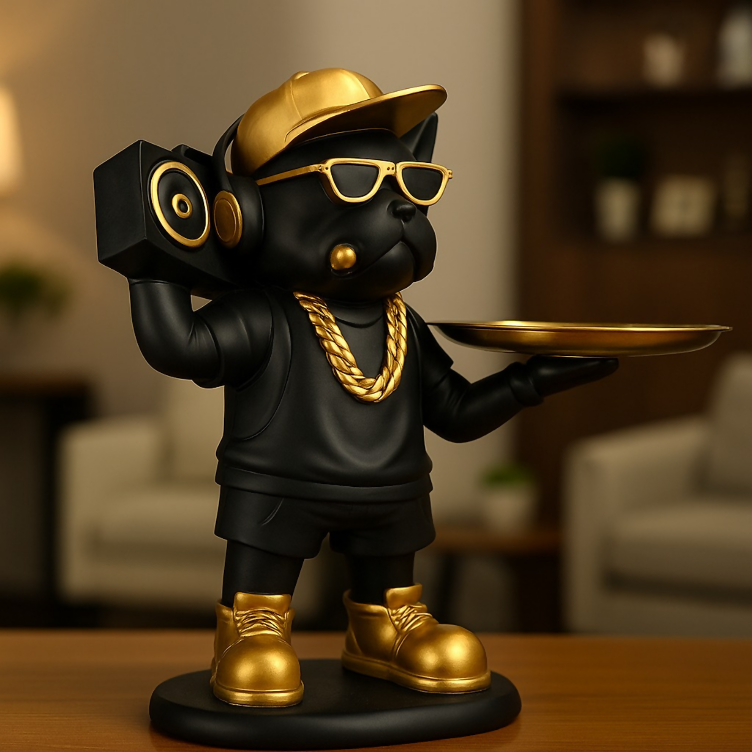 Luxury Black & Gold Bulldog Butler Figurine with Tray – Funky Resin Dog Showpiece with Sunglasses, Chain & Boombox – Modern Home Décor Tray Stand for Keys, Coins & Snacks – Stylish Gift Item for Living Room & Office