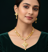 Gold Plated Rhombus Floral Necklace Set with AD Accents