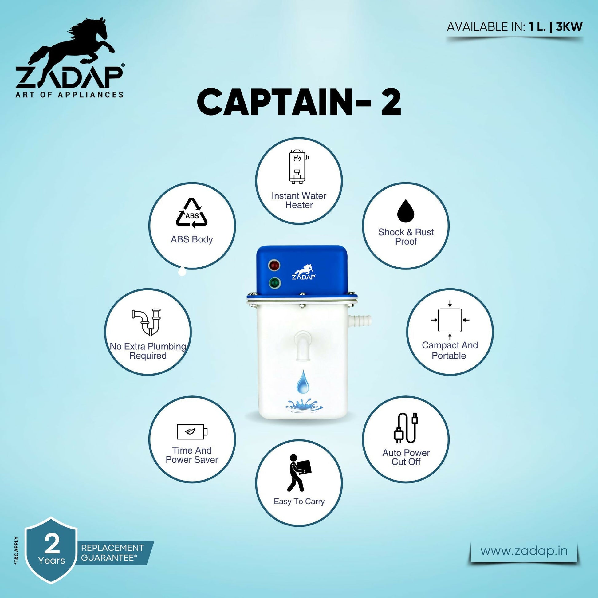 ZADAP Portable 3kW Instant Water Heater - Fast & Safe